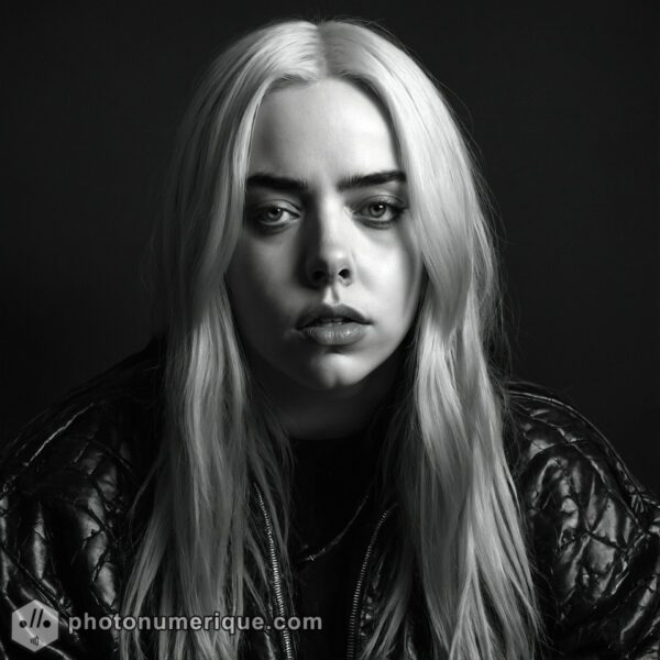 moody black-and-white portrait of Billie Eilish in Harcourt Studio style