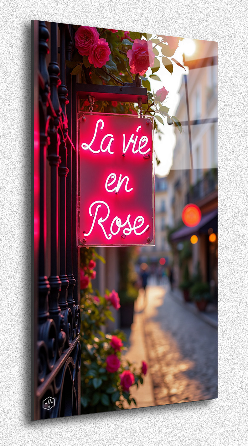 A neon rose with the phrase « La Vie en Rose, » set in a joyful Parisian street.