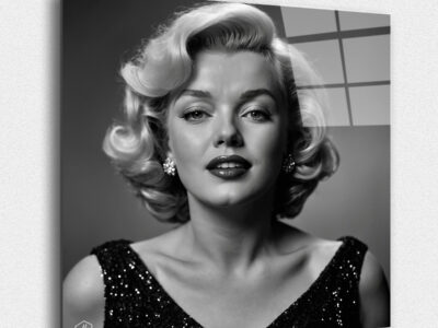 "A glamorous black-and-white portrait of Marilyn Monroe, focusing on her iconic beauty and charm. ""Eternal Elegance: Timeless Portraits of Legendary Women,"" honors the legacy and influence of these extraordinary women, capturing their essence in the refined and timeless style of Studio Harcourt. These portraits celebrate their contributions to the world, ensuring that their memory and impact will endure for generations to come. ""Icons of America: Legendary Faces Through Time"" presents a series of portraits that encapsulate the essence of some of the most influential figures in American history. The collection is designed to appeal to art collectors, history enthusiasts, and those who appreciate the timeless power of black-and-white portraiture. By focusing on the marked and expressive features of these well-known personalities, the series offers a fresh, dramatic take on the faces that have left an indelible mark on American culture."