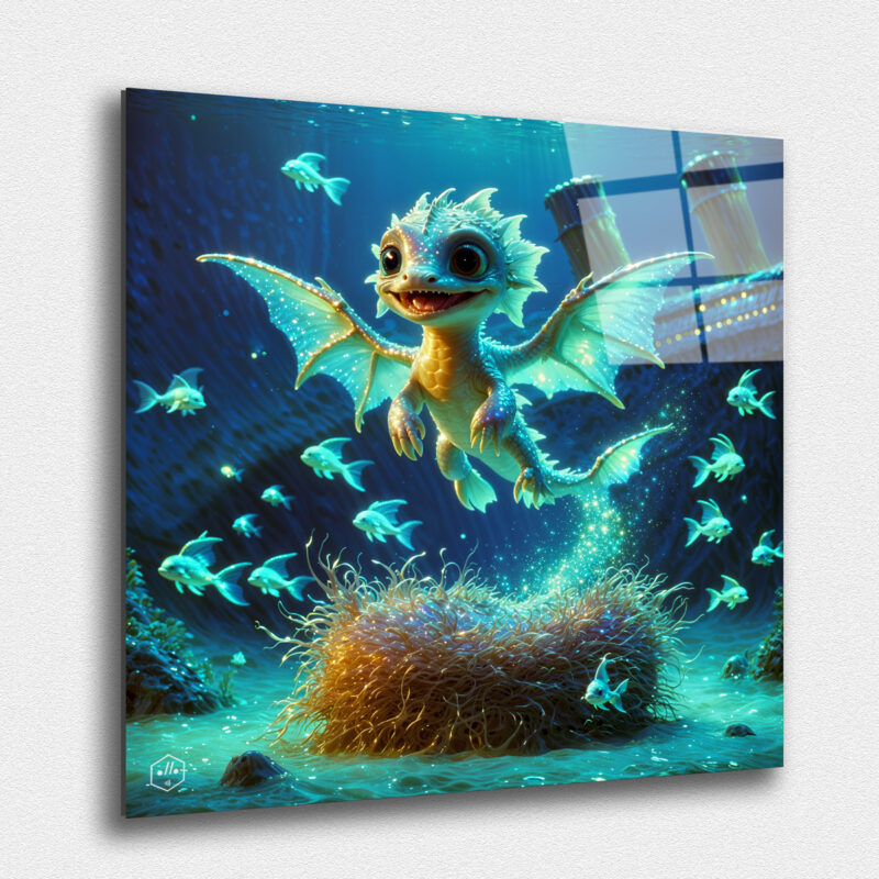"A mix of a baby dragon and a baby fish, leaping out of its nest underwater next to the wreckage of the Titanic."