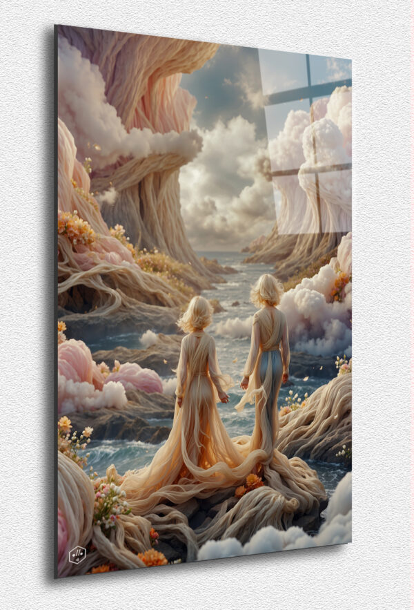 Two children gaze at a fantastical sea of veils and clouds.