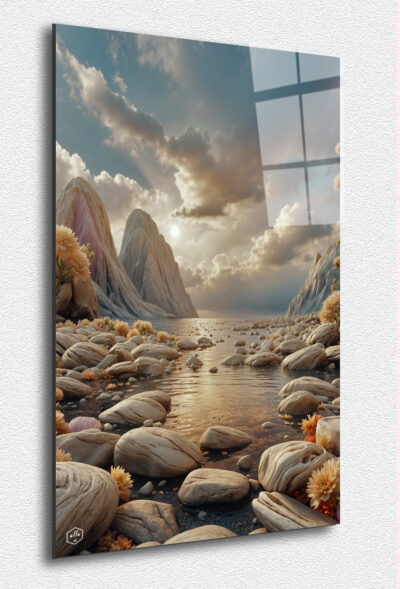 A serene, dreamlike lake at sunrise surrounded by soft blooms and stones.
