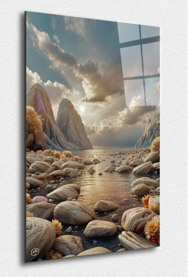 A serene, dreamlike lake at sunrise surrounded by soft blooms and stones.