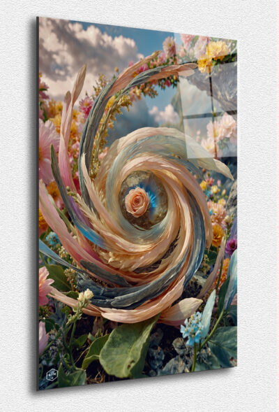 A swirling vortex of translucent plumes encircling a delicate rose.
