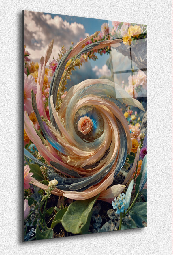 A swirling vortex of translucent plumes encircling a delicate rose.