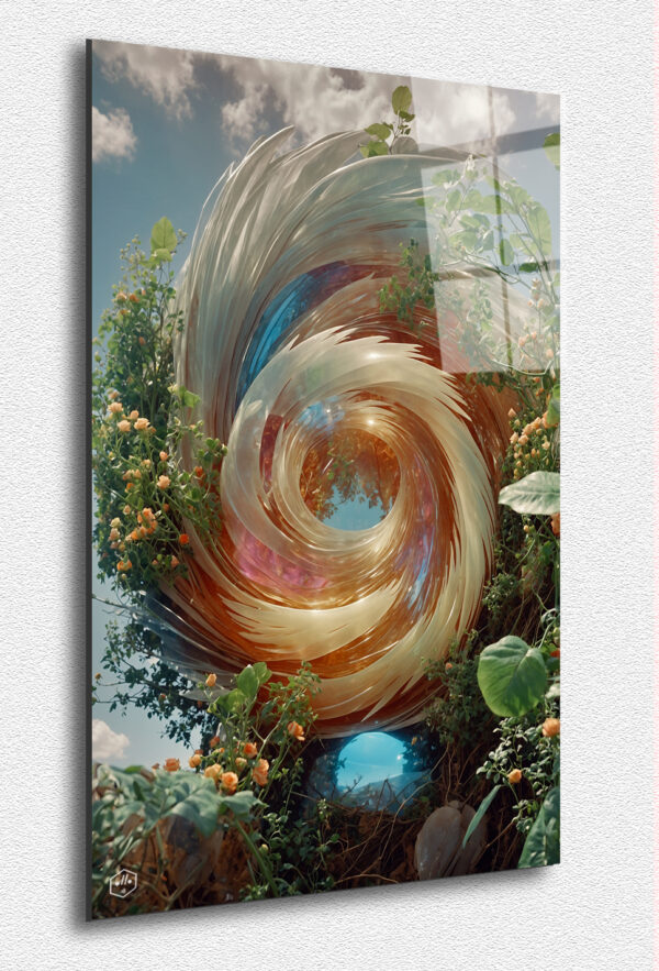 A whirl of translucent plumes dances among blooming branches.