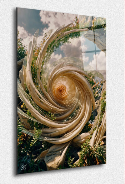 A swirling rose centerpiece in a glowing floral bush