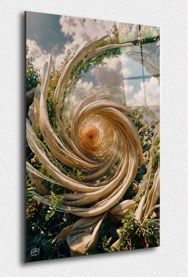 A swirling rose centerpiece in a glowing floral bush