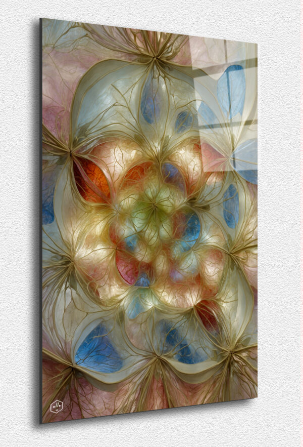 Flowing silk-like textures create a floral mandala.