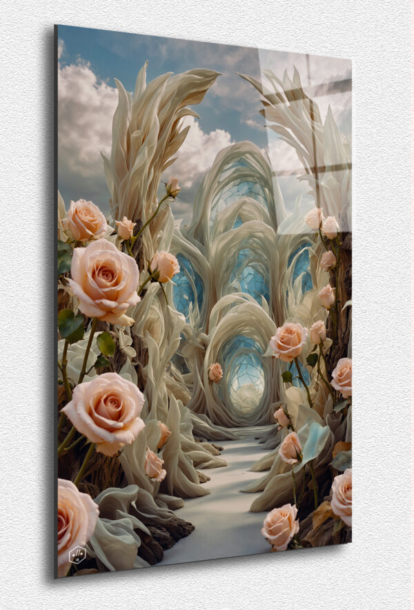 A rose-lined path leads to a temple of silk-like plumes.