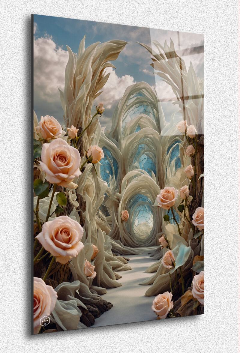 A rose-lined path leads to a temple of silk-like plumes.