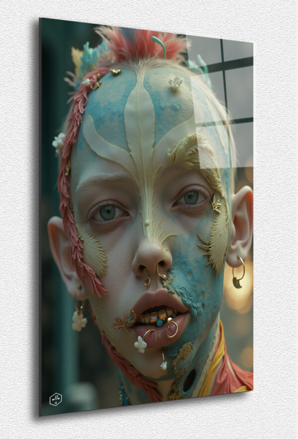 A boy with a plume crest, gold teeth, and feather-inspired tattoos.