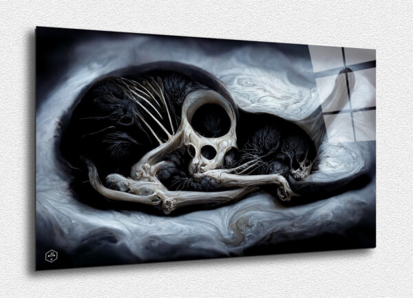 A sleeping, decomposing black cat on a light, surreal surface.