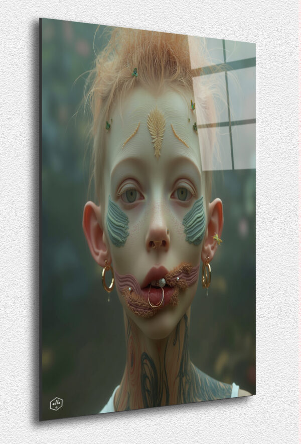 A timid red-haired girl with green tattoos and a mysterious gaze.