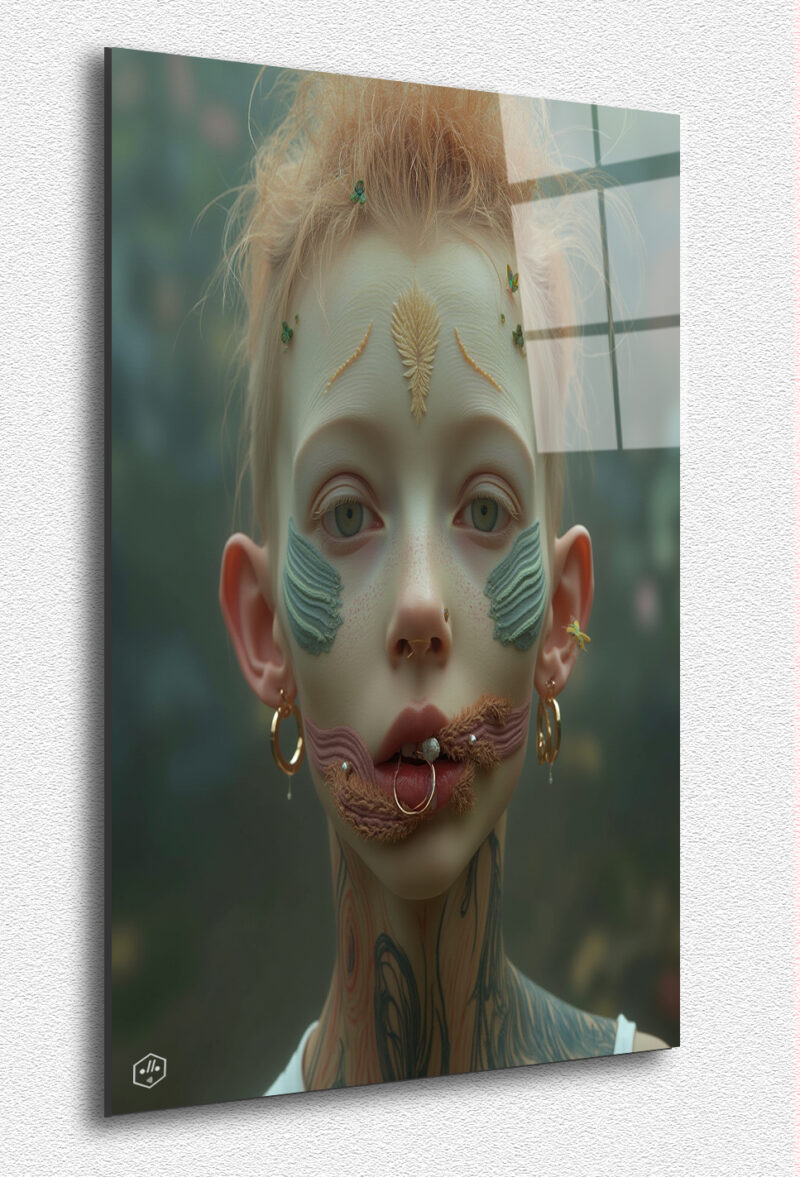A timid red-haired girl with green tattoos and a mysterious gaze.