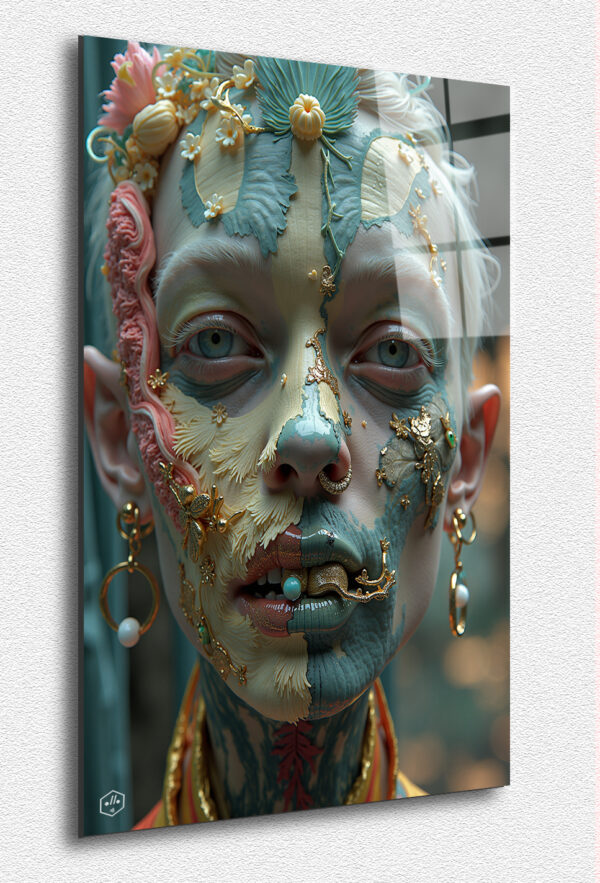 An adolescent with golden earrings, blonde hair, and a vivid blue facial tattoo.