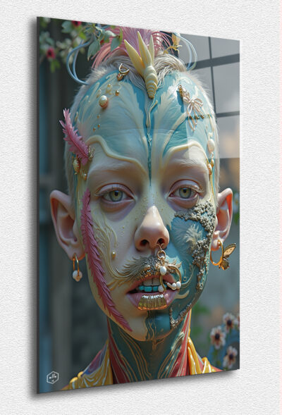 A boy with a pastel plume crest, gold and pearl piercings, and soft feather tattoos.