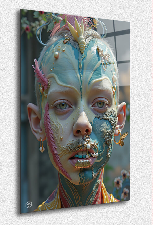 A boy with a pastel plume crest, gold and pearl piercings, and soft feather tattoos.