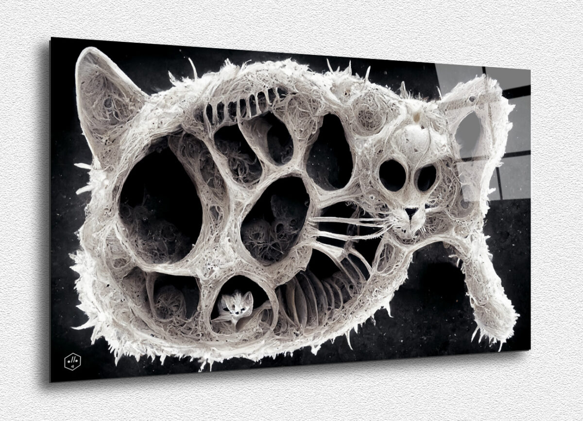 A surreal cat-like form floating in an otherworldly space.