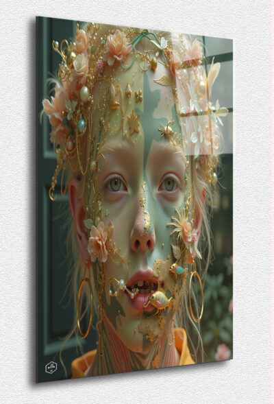"Children of the Ethereal Tribes" is an extraordinary collection of hyperrealistic portraits portraying imagined children from an otherworldly tribe. Each piece captures the mesmerizing individuality of a child whose face and body are adorned with unique tattoos, organic motifs, and precious jewelry that blur the line between fantasy and reality. Their hair, skin, and eyes reflect luminous colors and surreal textures—crafted from petals, feathers, and intricate patterns—that create a rich tapestry of ethereal beauty and cultural symbolism. These portraits speak of an imagined civilization, presenting a story of innocence, strength, and diversity. Printed on high-quality acrylic glass, this collection captures every detail, creating a striking visual impact. Ideal for collectors and dreamers, these artworks bring elegance and storytelling into modern interiors.