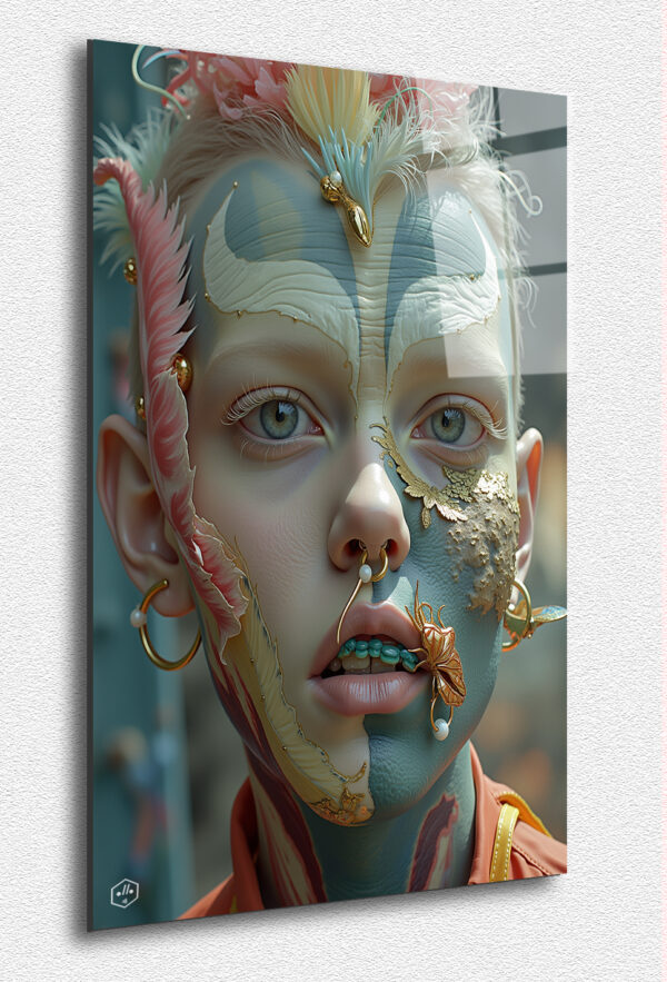 A boy with a golden scarab on his lip, piercing eyes, and pastel plumes.