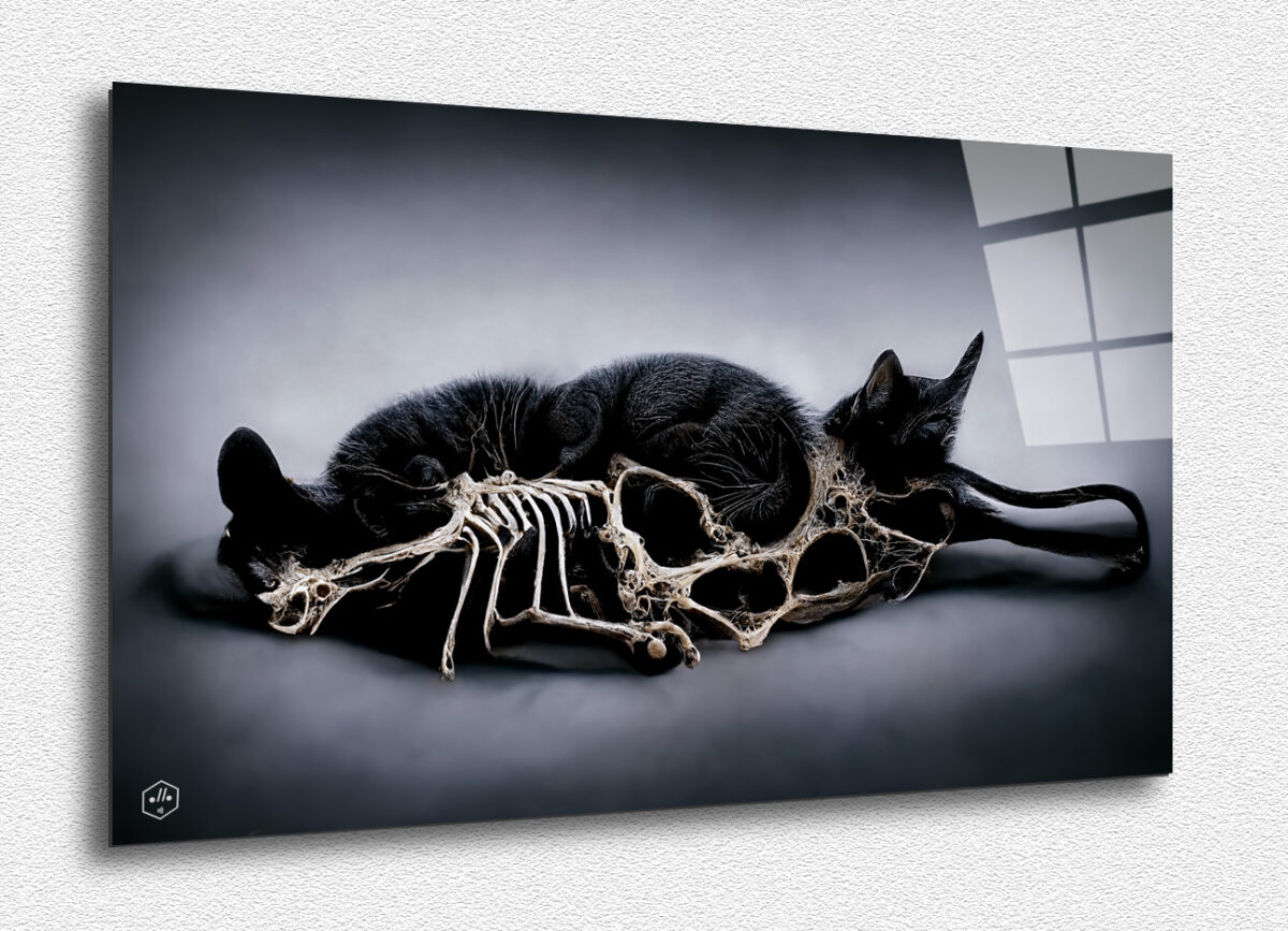 A peaceful, decomposing cat in harmony with its skeleton.