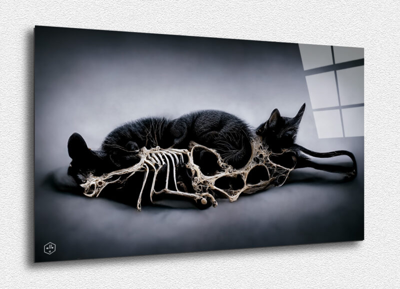 A peaceful, decomposing cat in harmony with its skeleton.