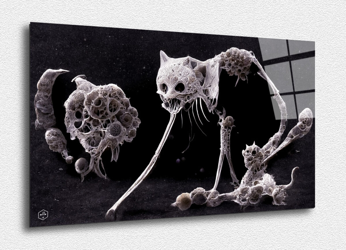Feline skeletal forms float like haunting deep-sea creatures.
