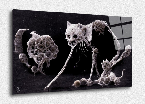 Feline skeletal forms float like haunting deep-sea creatures.