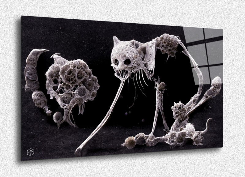 Feline skeletal forms float like haunting deep-sea creatures.