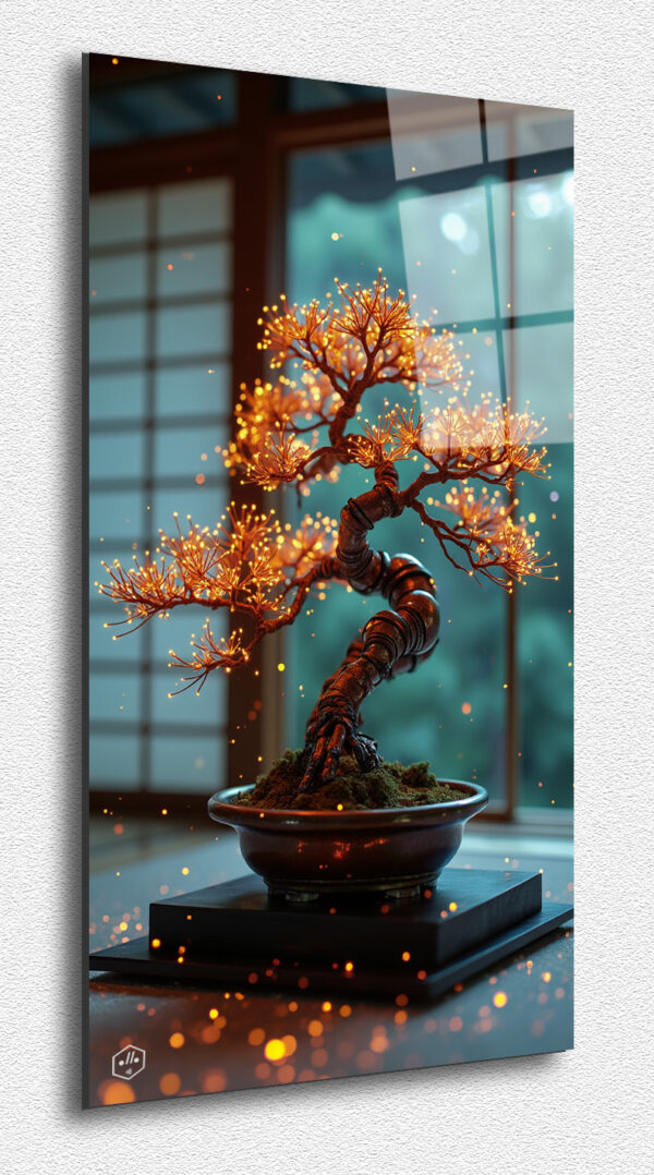 A bonsai with branches made of circuit boards and leaves of shimmering pixels.