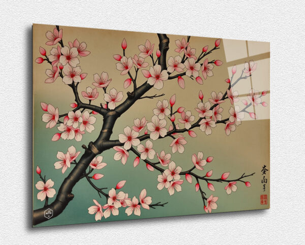 A traditional Japanese woodblock print of cherry blossoms in full bloom, capturing the ephemeral beauty of the season.