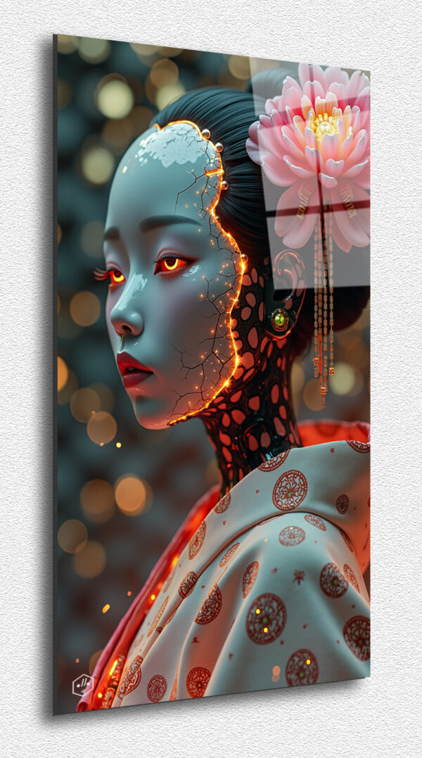 A geisha-android whose mask cracks to reveal a neural network.