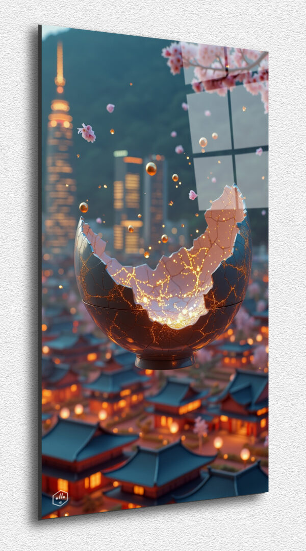 A shattered ceramic bowl, repaired with golden circuits, floats above a merging urban landscape.