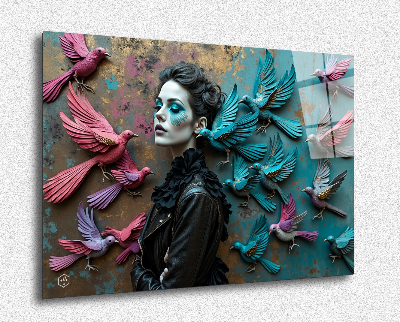 A whimsical portrait featuring a figure with exotic birds, inspired by Pierre et Gilles' love for fauna.