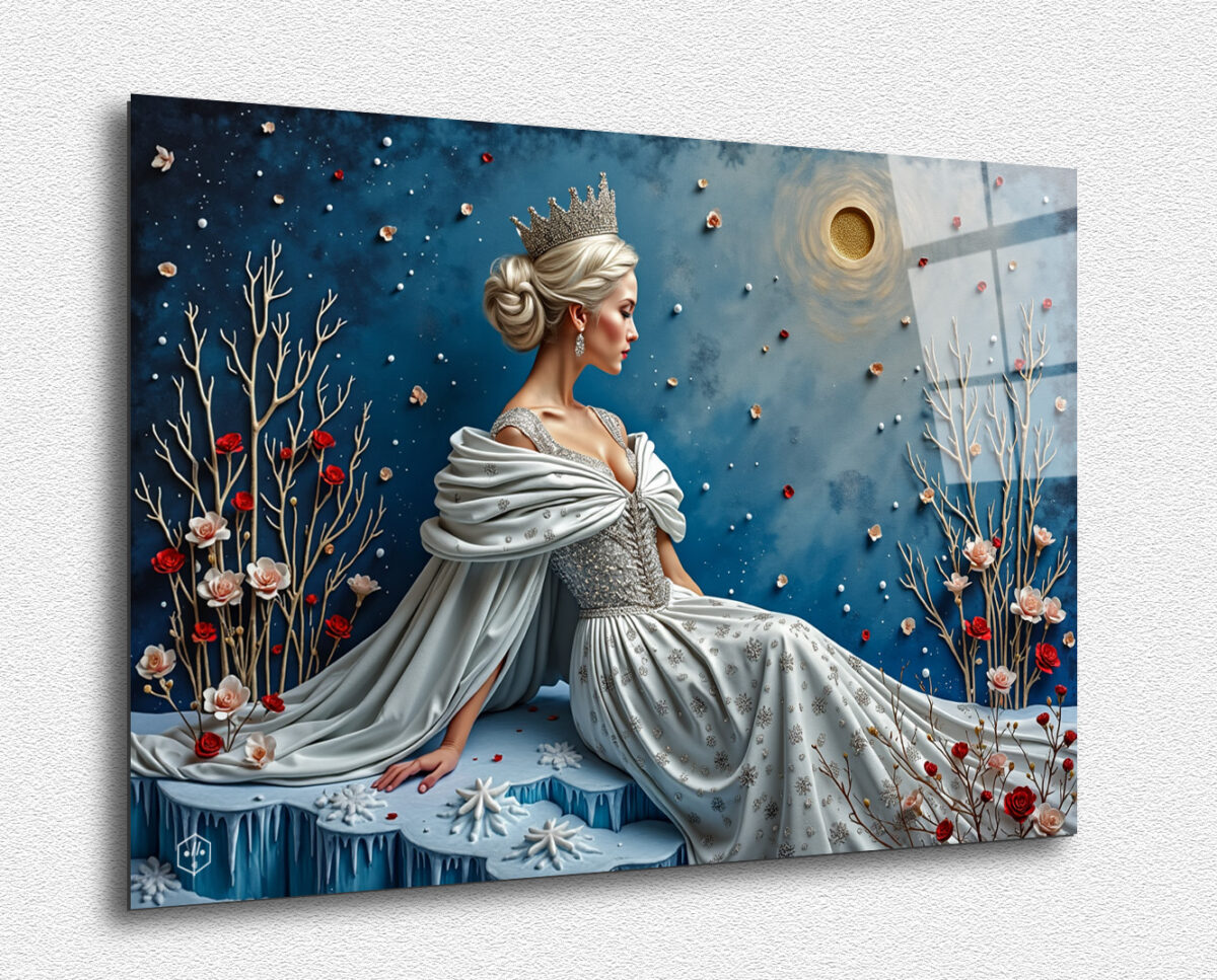 A frosty portrait featuring an ice queen, inspired by Pierre et Gilles' winter themes.
