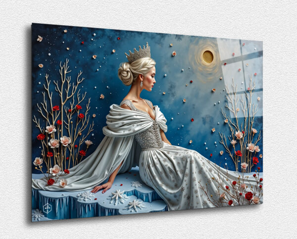 A frosty portrait featuring an ice queen, inspired by Pierre et Gilles' winter themes.
