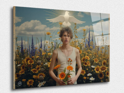 A photorealistic portrait set in a lush, fantastical garden, inspired by Pierre et Gilles' whimsical style.