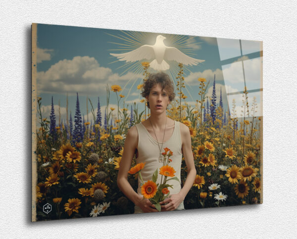 A photorealistic portrait set in a lush, fantastical garden, inspired by Pierre et Gilles' whimsical style.