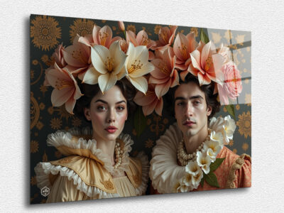 A regal portrait of a figure adorned with flowers, inspired by Pierre et Gilles' floral motifs.