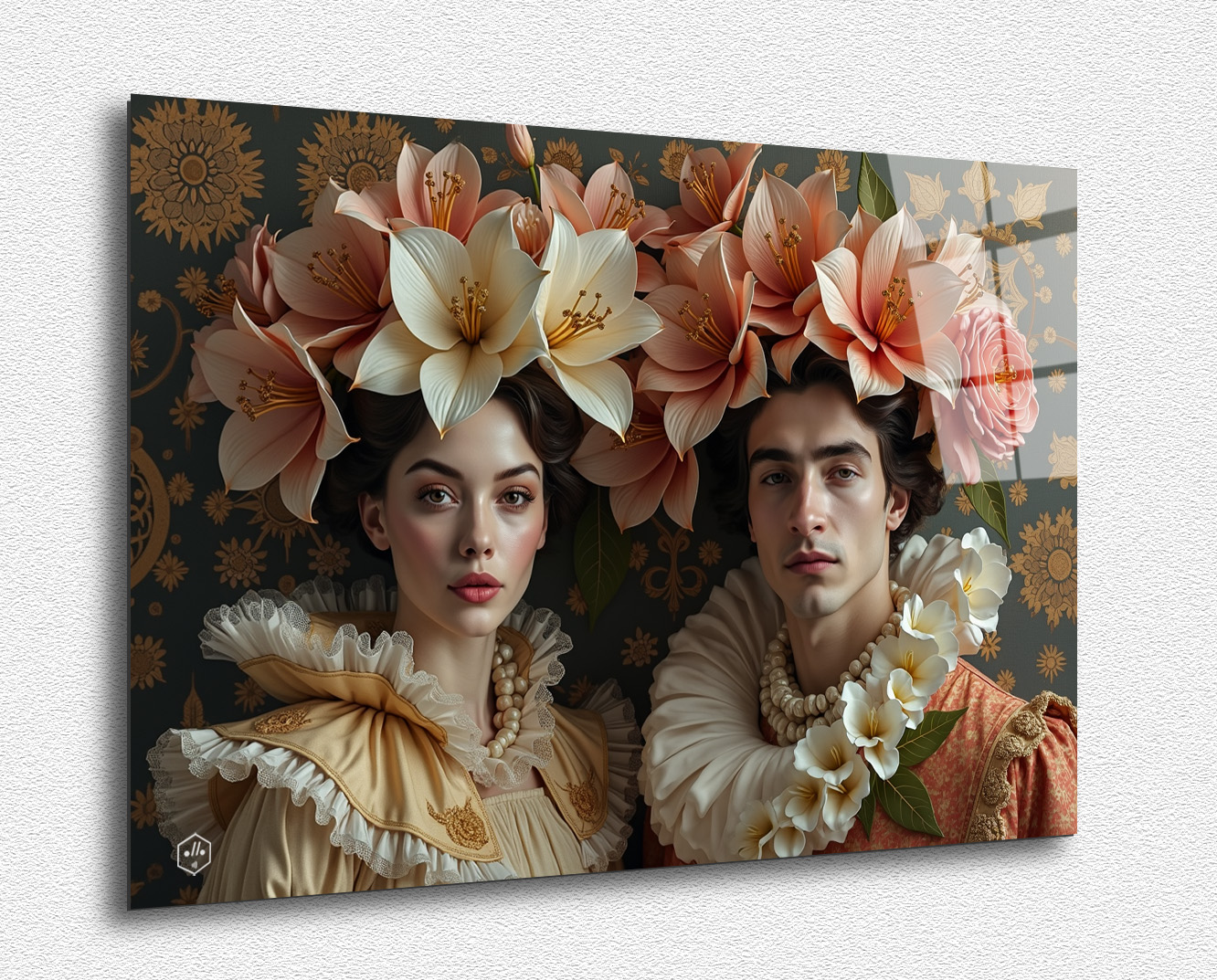 A regal portrait of a figure adorned with flowers, inspired by Pierre et Gilles' floral motifs.