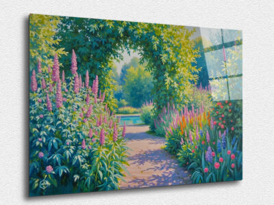 A modern interpretation of Monet's garden in Giverny, with vibrant colors and contemporary details.