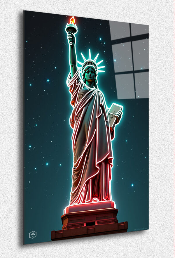 The Statue of Liberty glowing in surreal neon hues.