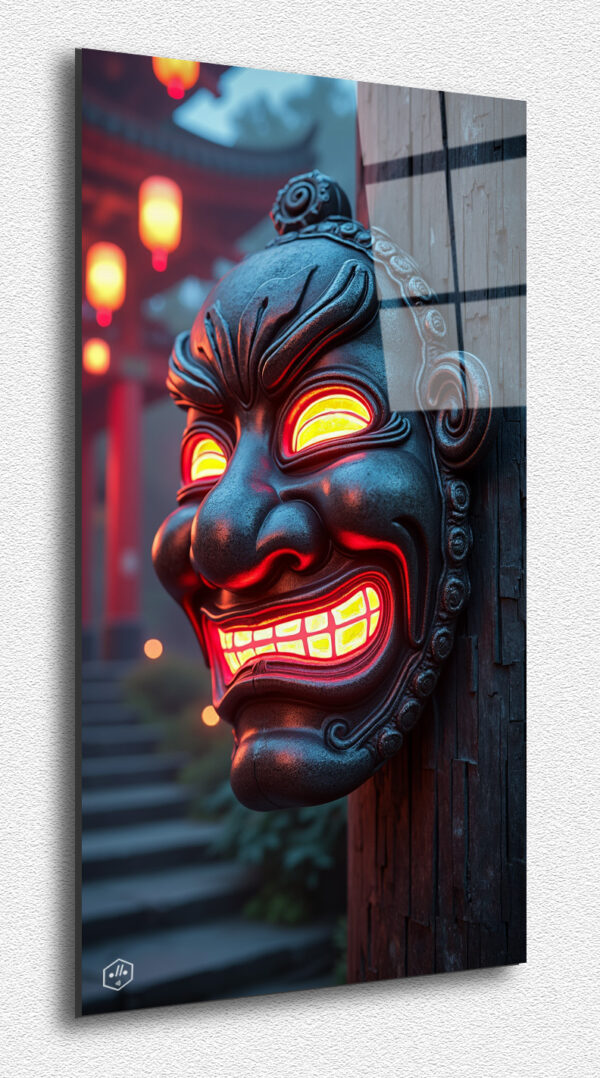 A traditional Noh mask, illuminated from within by shifting neon patterns.