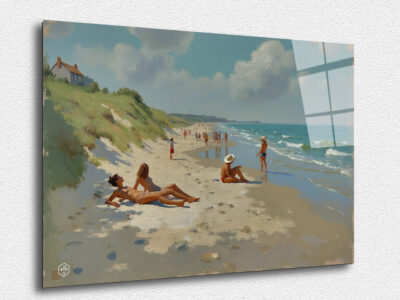 A serene scene of a Normandy beach, with contemporary elements and soft colors.