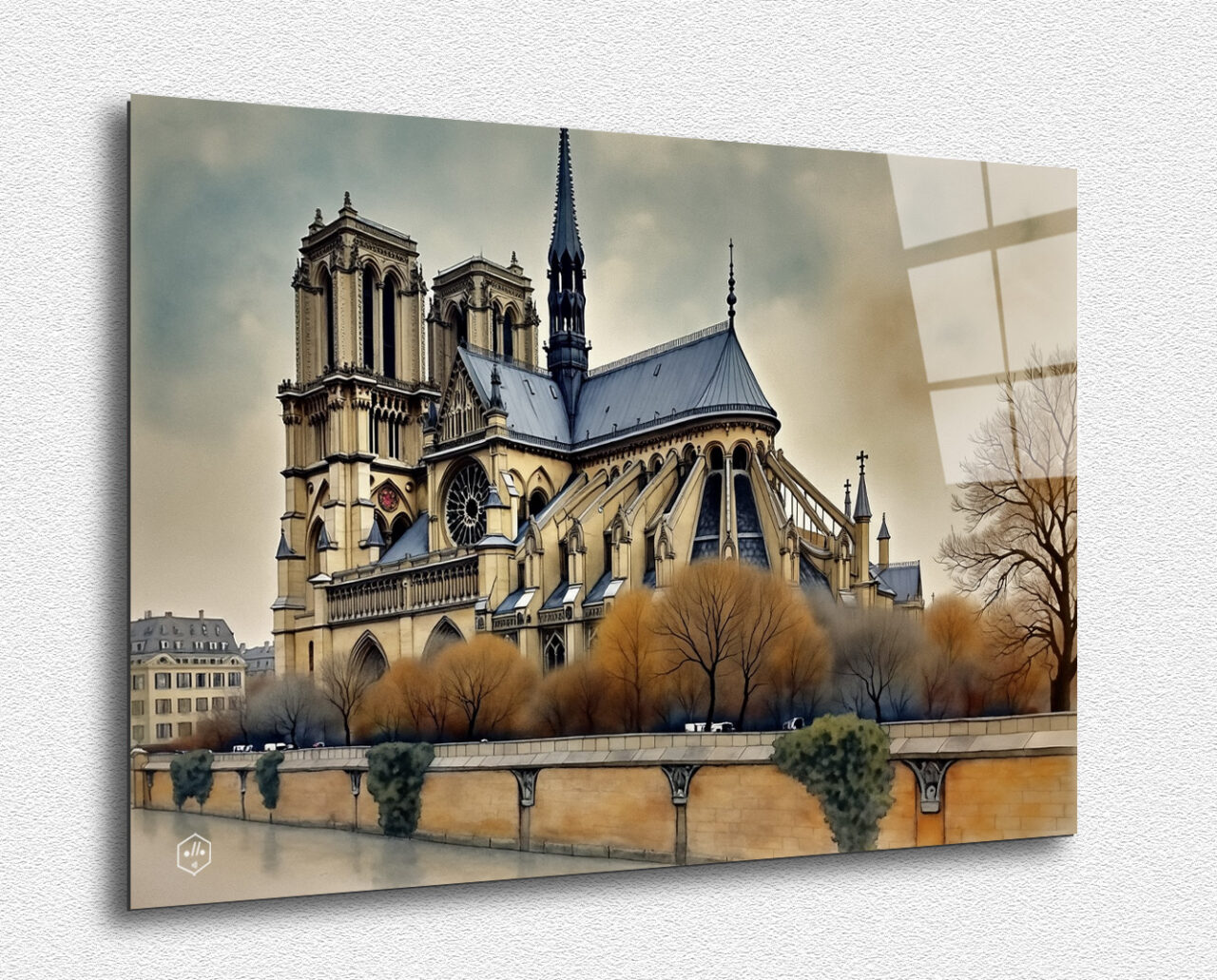 A detailed representation of the Notre-Dame Cathedral in Paris, with contemporary elements and light effects.