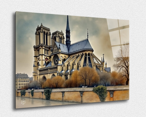 A detailed representation of the Notre-Dame Cathedral in Paris, with contemporary elements and light effects.