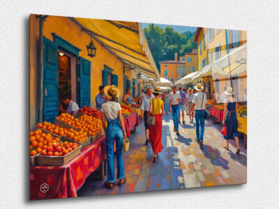 A vibrant scene of a Provencal market, with bright colors and contemporary details.