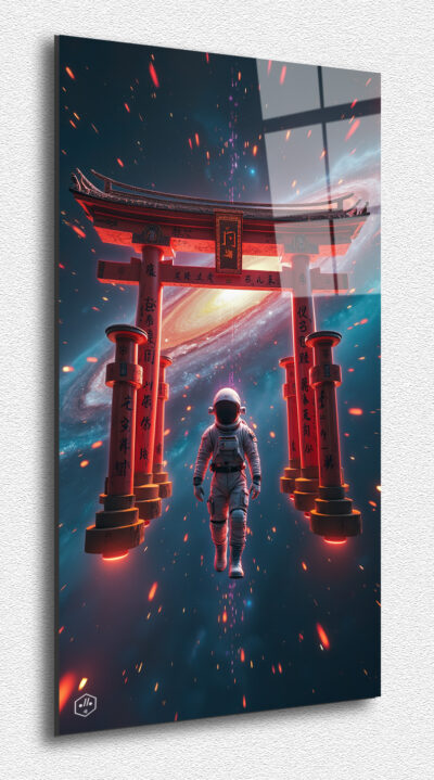 A Torii gate floating in space, its arch traversed by quantum particles.