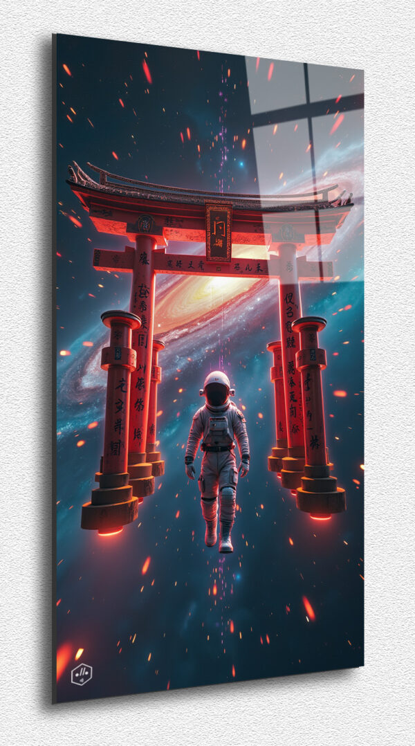 A Torii gate floating in space, its arch traversed by quantum particles.